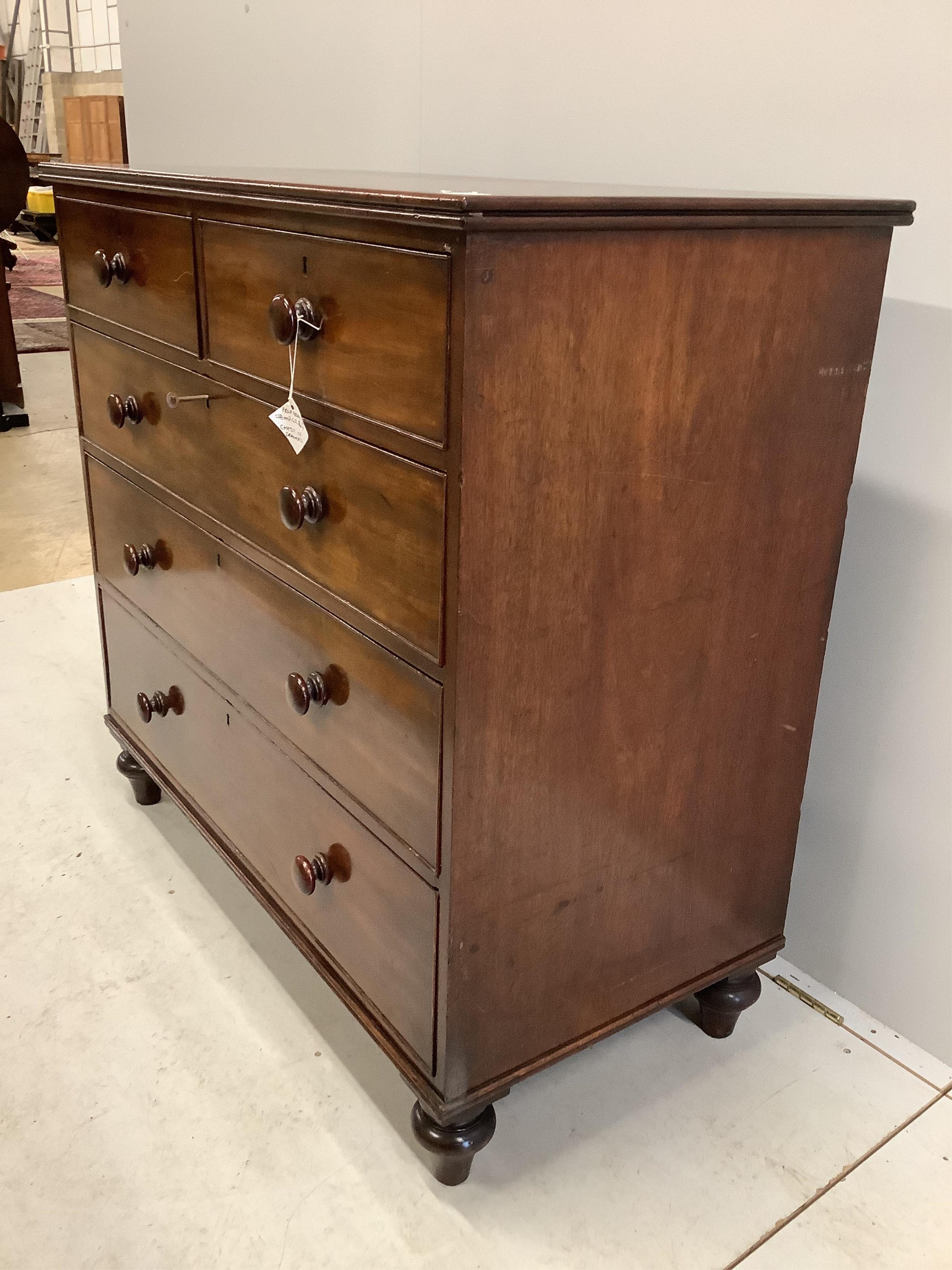 A Victorian mahogany chest of two short and three long drawers, width 109cm, depth 54cm, height 104cm. Condition - fair to good